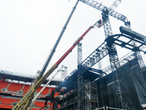 Crews construct stage for Beyonce's OTR II concert in Cleveland.